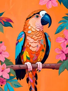 Colorful illustration of a parrot playfully flying in a tropical forest.