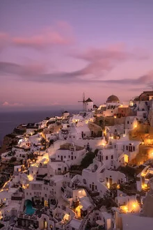 Photo art by Achim Thomae: sunset over Santorini with windmills.