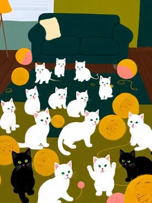 Illustration by Uma Gokhale: playful cats with colorful yarn.