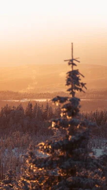 Sunset over the snowy Brocken mountain with warm light and calm ambiance