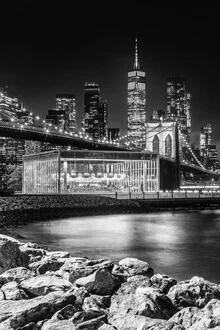 Monochrome photo art by Melanie Viola: Manhattan skyline at night from Brooklyn