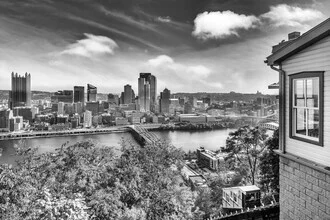 Black and white photo art: view of the Monongahela Incline and Pittsburgh skyline.