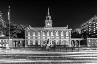 Monochrome photo art by Melanie Viola: Independence Hall in Philadelphia at night.
