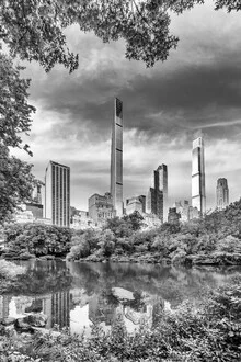 Black and white photo art by Melanie Viola: city view of Central Park with reflection