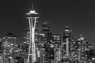 Monochrome photo art of Seattle's skyline at night, calm mood with gentle lights.