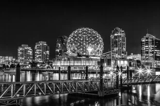 Black and white photo art by Melanie Viola: night view of Vancouver with lights