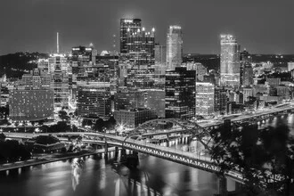 Monochrome photo art by Melanie Viola: Pittsburgh skyline at night