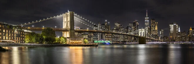 Photo art by Melanie Viola: Brooklyn skyline at night with lights and bridge