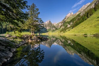 Photo art by Achim Thomae: tranquil lake reflecting the Alps in summertime