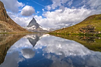 Photo art by Achim Thomae: Swiss Alps panorama featuring Matterhorn and Lake Riffelsee