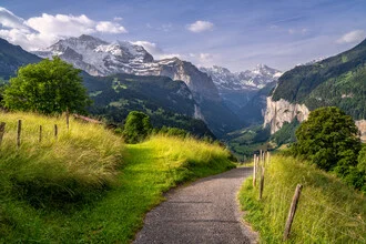 Photo art by Achim Thomae: summer landscape in Lauterbrunnen Valley with a waterfall