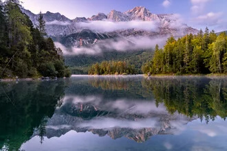 Photo art by Achim Thomae: view of Zugspitze at Eibsee during sunrise