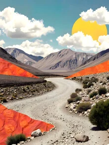 Colorful illustration featuring tropical mountains and hills by Uma Gokhale.