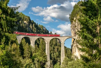 Photo art by Achim Thomae: Landwasser Viaduct surrounded by alpine landscape in Graubünden.