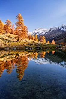 Photo art by Achim Thomae: autumn landscape in Lötschental with reflecting mountain lake