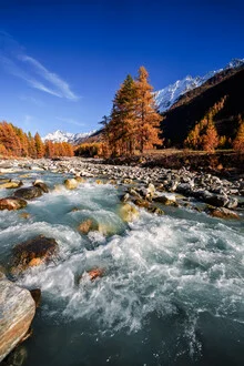 Photo art by Achim Thomae: autumn landscape in Lötschental with colorful larches