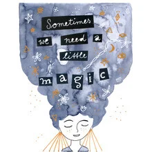 Wandbild von Constanze Guhr: eine Frau unter einem sternenübersäten Himmel, voller Magie.