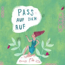 Illustrierte Szene mit einer Frau in einer Wiese, umgeben von Pflanzen und guter Stimmung.