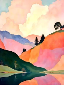 Illustration by Uma Gokhale: colorful tropical mountain landscape with soft clouds
