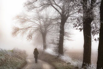 Fotokunst von Sascha Hoffmann-Wacker: Frau auf einem nebligen Waldweg in der Einsamkeit.