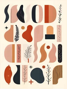 Illustration by Uma Gokhale: organic shapes in colorful, rustic styles.
