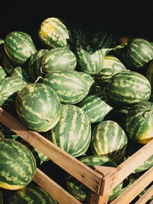 Wassermelonen auf einem Markt in Albanien, frisch und saftig in strahlendem Grün.