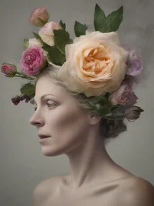 Portrait of a woman wearing a rose headdress, autumnal mood and natural colors.
