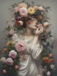 Photo art featuring delicate flowers and a beautiful woman in autumn light.