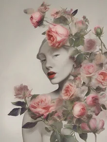 Photo art by Ralf Gromann: Woman with roses in soft colors, curious expression.