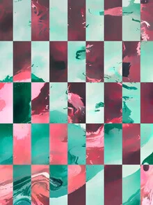 Colorful geometric illustration featuring pink and green in a checkerboard pattern.