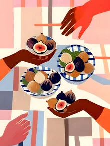 Illustration by Uma Gokhale: vibrant fruit arrangement featuring figs and a tablecloth.