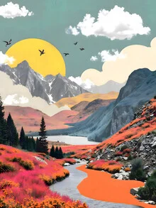 Illustration by Uma Gokhale: vibrant collage of colorful mountains and clouds.