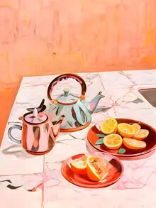 Colorful illustration by Uma Gokhale featuring a teapot and fresh oranges on a table.