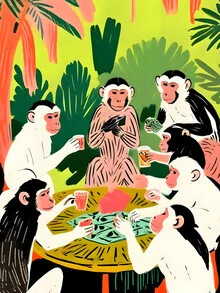 Playful illustration of monkeys playing poker in a colorful jungle setting.