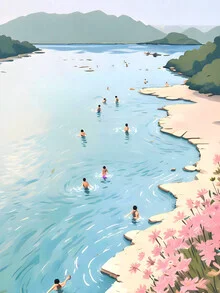 Illustration by Uma Gokhale: cheerful coastal landscape in vibrant summer colors