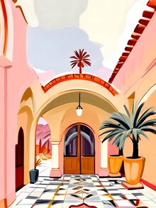 Illustrated courtyard featuring colorful trees and a tropical atmosphere