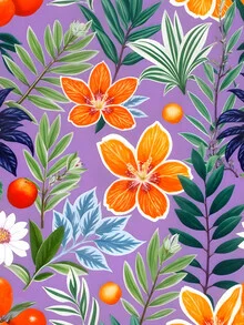 Illustration by Uma Gokhale: tropical lilac floral design in vibrant colors.