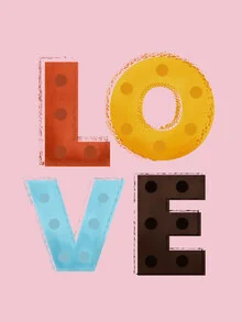 Colorful illustration featuring a playful LOVE lettering in pastel shades.