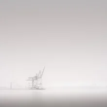 Photo art by Dennis Wehrmann: cranes in morning mist over Hamburg's harbor city