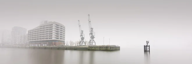 Photo art by Dennis Wehrmann: Fog over the Hamburg harbor with cranes