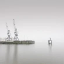 Photo art by Dennis Wehrmann: Fog over Hamburg harbor with cranes