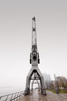 Photo art by Dennis Wehrmann: cranes in Hamburg harbor with urban skyline