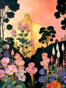 Wall art depicting a golden mountain landscape with blooming flowers, soothing color palette.