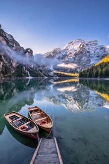 Photo art by Achim Thomae: calm autumn morning at Pragser Wildsee in the Dolomites