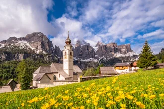 Photo art by Achim Thomae: spring landscape in South Tyrol featuring a church and the Dolomites.
