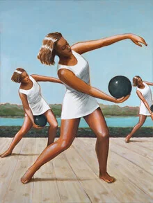 Three women exercising outdoors with balls, enjoying sunlight by the riverside in Austria.