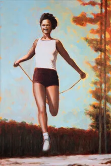 Woman joyfully jumping with a rope in sunlight under trees.