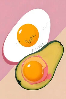 Wandbild mit einer liebevollen Illustration von Eiern und Avocado zum Frühstück.