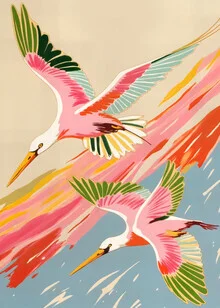 Illustration of roseate spoonbills dancing in a soft sky.