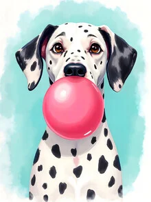 Wall art by Uma Gokhale: playful Dalmatian with bubble gum in watercolor style